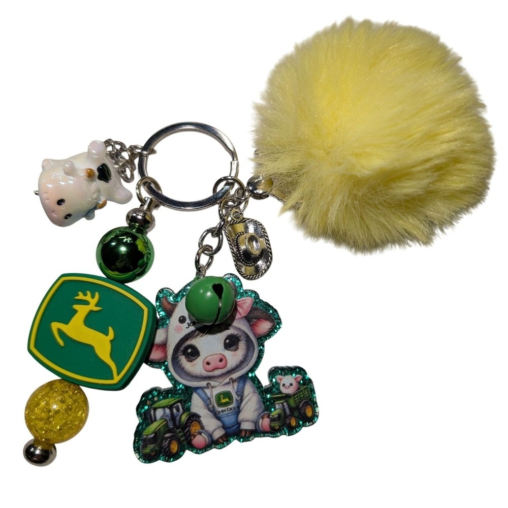 John Deere Keychain Women OS Green Yellow Good Cow Pom Pom Bag Charm Accessory